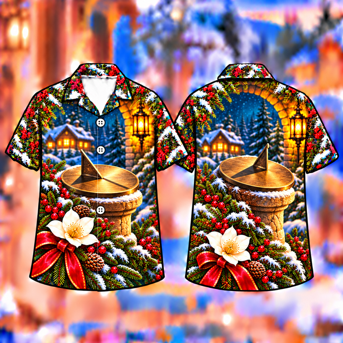 Digital mockup: front and back of one AlohaVero Christmas Sundial Garden Keepsake Print No Pocket Hawaiian shirt
