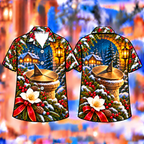 Digital mockup: front and back of one AlohaVero Christmas Sundial Garden Keepsake Print No Pocket Hawaiian shirt