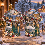 Digital mockup: front and back of one AlohaVero Christmas Swan Lantern Bridge Emerald Ivory No Pocket Hawaiian shirt