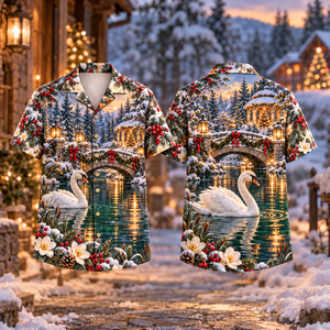 Christmas Swan Lantern Bridge Emerald Ivory Hawaiian Shirt
