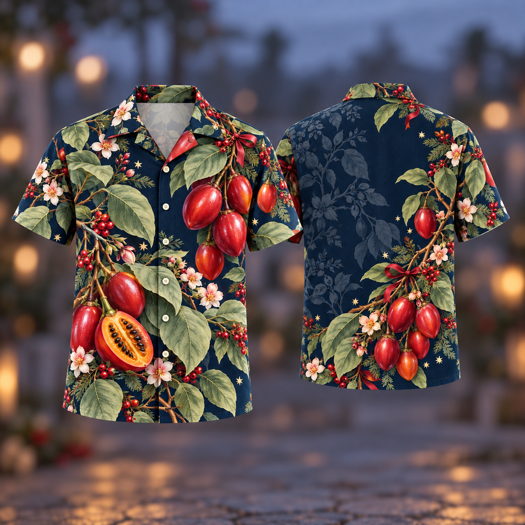 Digital mockup: front and back of one AlohaVero Christmas Tamarillo Ruby Ink Blue No Pocket Hawaiian shirt