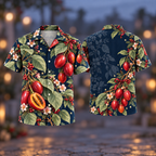 Digital mockup: front and back of one AlohaVero Christmas Tamarillo Ruby Ink Blue No Pocket Hawaiian shirt