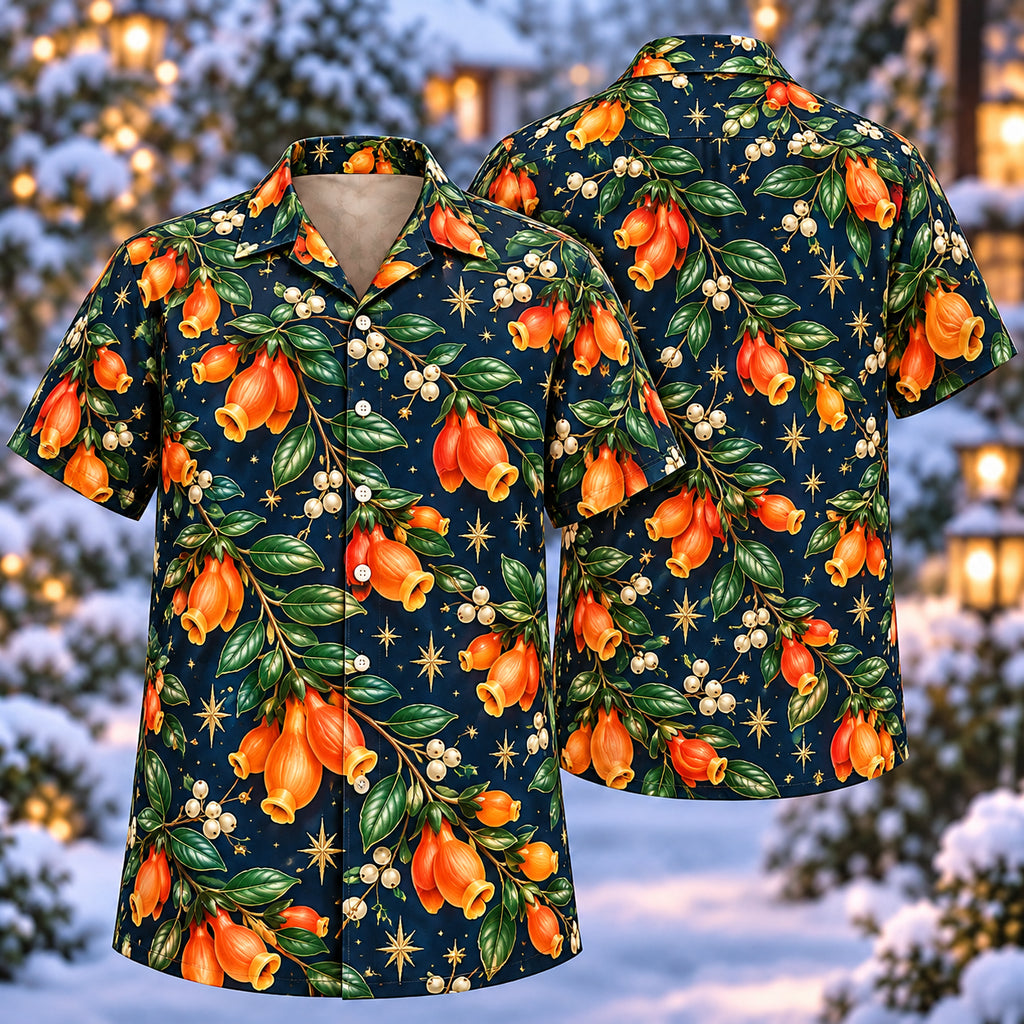 Digital mockup: front and back of one AlohaVero Christmas Tangerine Goldfish Plant Sapphire Aloha No Pocket Hawaiian shirt