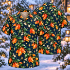 Digital mockup: front and back of one AlohaVero Christmas Tangerine Goldfish Plant Sapphire Aloha No Pocket Hawaiian shirt