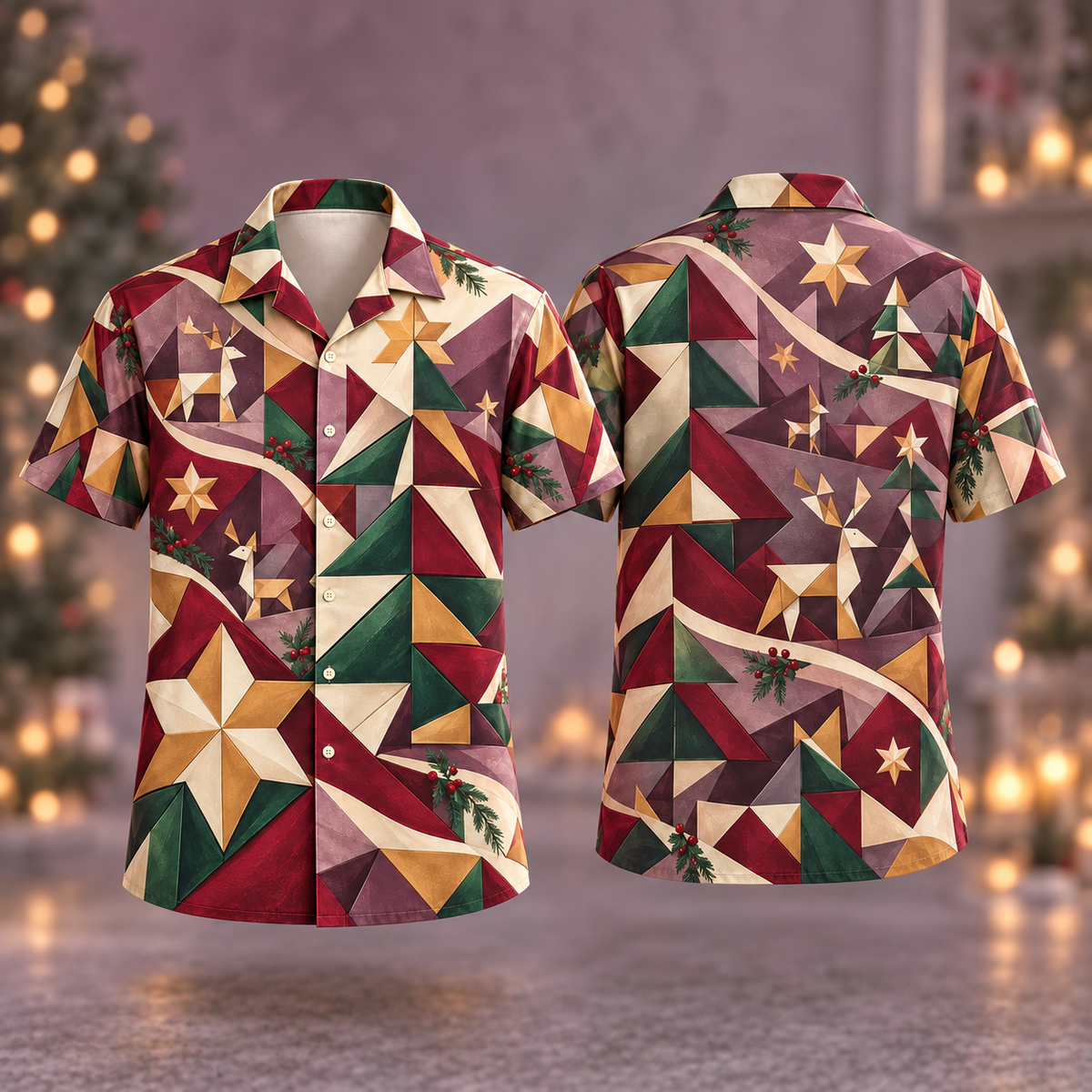 Digital mockup: front and back of one AlohaVero Christmas Tangram Plum Ivory Geometric No Pocket Hawaiian shirt
