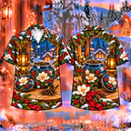 Digital mockup: front and back of one AlohaVero Christmas Tea Caddy Winter Welcome Print No Pocket Hawaiian shirt