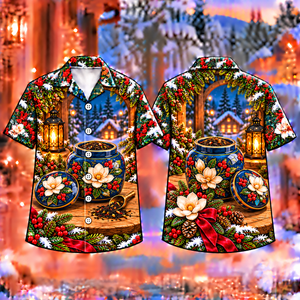 Christmas Tea Caddy Winter Welcome Print Hawaiian Shirt