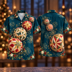 Digital mockup: front and back of one AlohaVero Christmas Temari Garnet Gold Teal No Pocket Hawaiian shirt