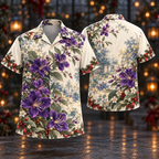 Digital mockup: front and back of one AlohaVero Christmas Tibouchina Violet Ivory Garden No Pocket Hawaiian shirt