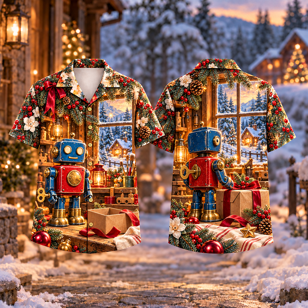 Digital mockup: front and back of one AlohaVero Christmas Tin Toy Workshop Wonder Print No Pocket Hawaiian shirt