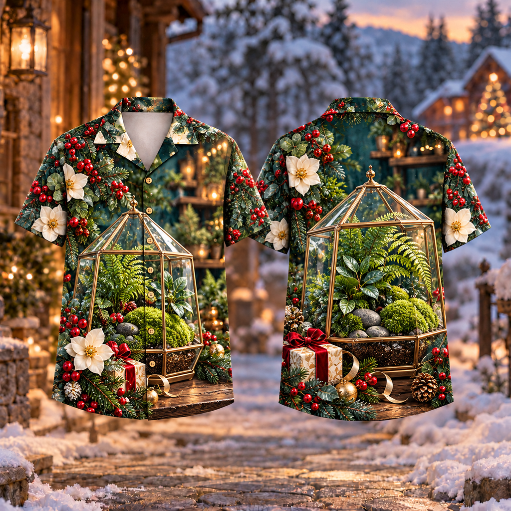 Digital mockup: front and back of one AlohaVero Christmas Tiny Garden Terrarium Print No Pocket Hawaiian shirt