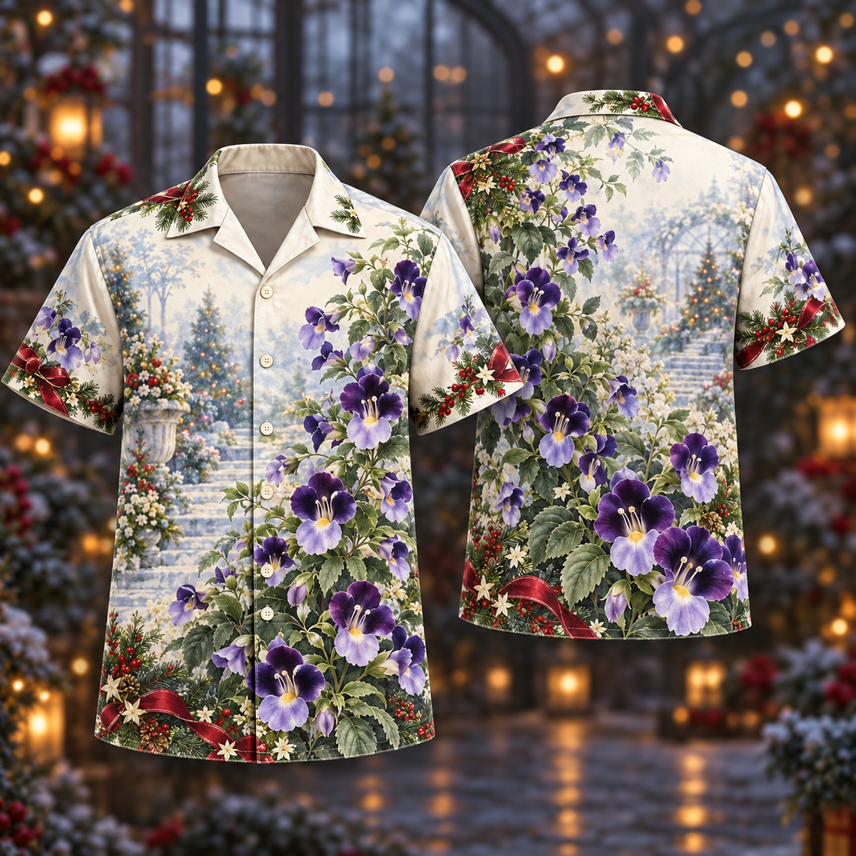 Digital mockup: front and back of one AlohaVero Christmas Torenia Violet Ivory Stair Garden No Pocket Hawaiian shirt