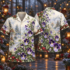 Digital mockup: front and back of one AlohaVero Christmas Torenia Violet Ivory Stair Garden No Pocket Hawaiian shirt