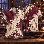 Digital mockup: front and back of one AlohaVero Christmas Trapunto Ivory Wine Scroll No Pocket Hawaiian shirt