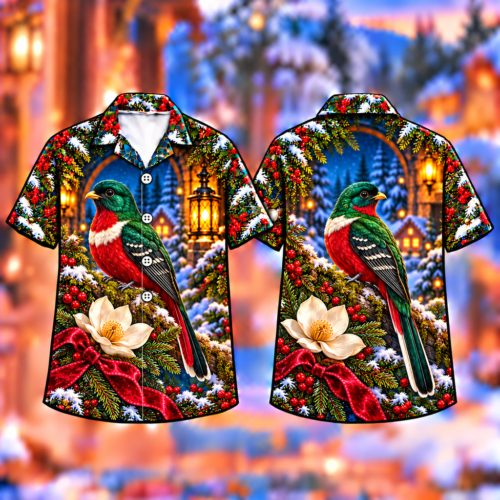 Digital mockup: front and back of one AlohaVero Christmas Trogon Lantern Canopy Print No Pocket Hawaiian shirt