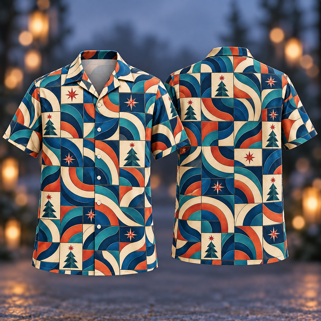 Digital mockup: front and back of one AlohaVero Christmas Truchet Cobalt Terracotta No Pocket Hawaiian shirt