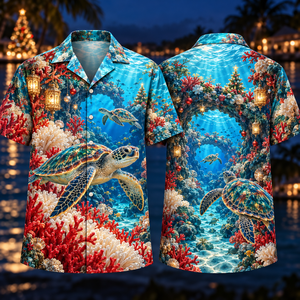 Christmas Turquoise Sea Turtle Coral Lantern Reef Hawaiian Shirt
