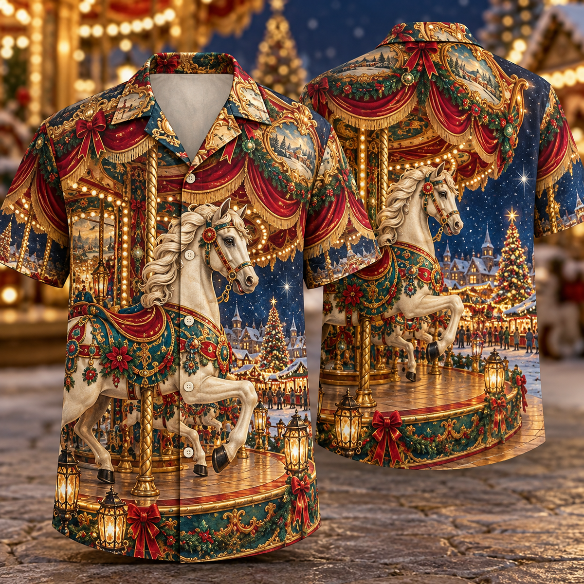 Digital mockup: front and back of one AlohaVero Christmas Vintage Lithograph Carousel Horse Ruby Teal Golden Fair No Pocket Hawaiian shirt