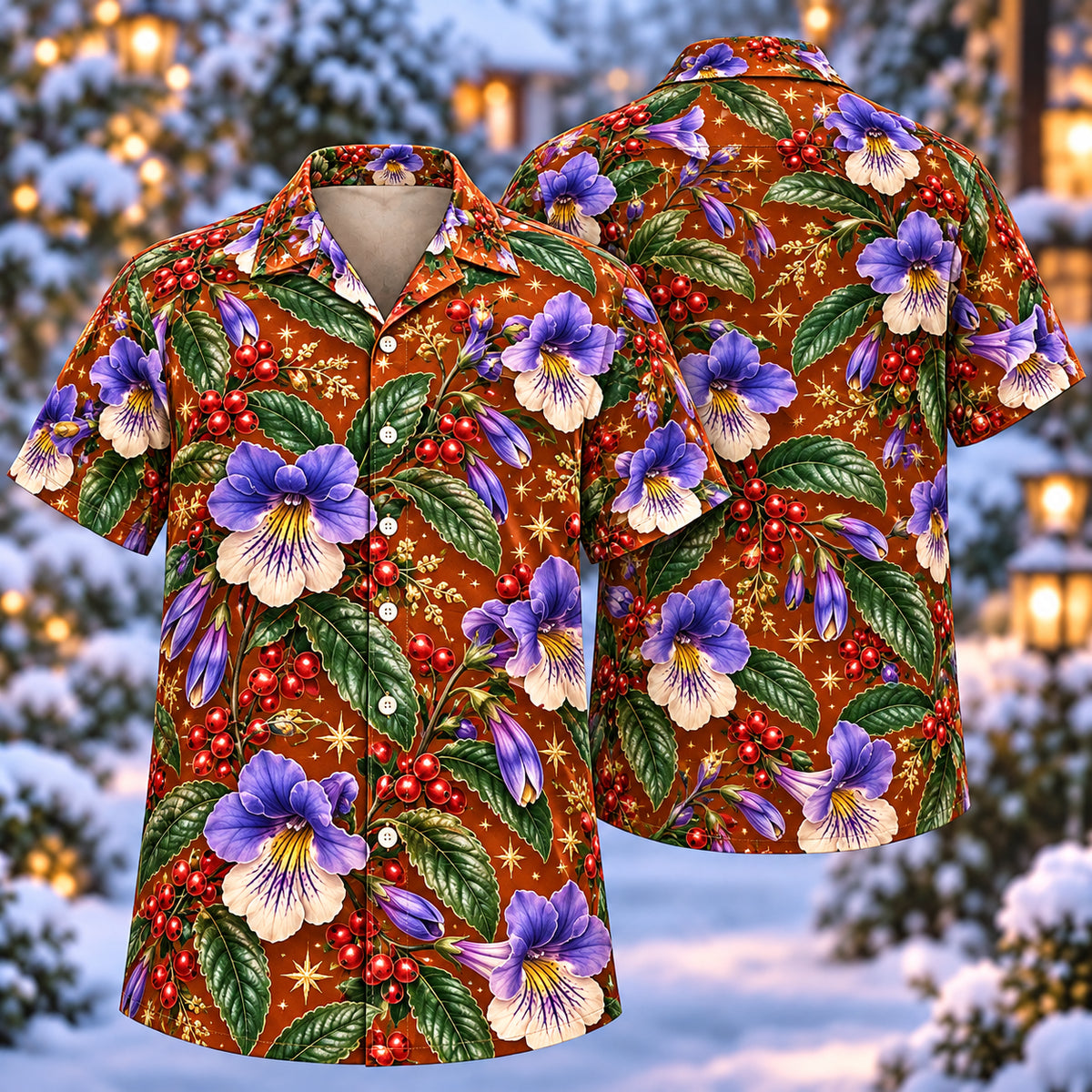 Digital mockup: front and back of one AlohaVero Christmas Violet Cape Primrose Copper Aloha No Pocket Hawaiian shirt