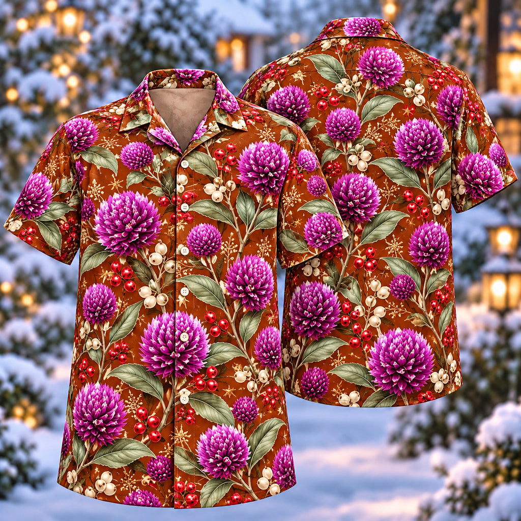 Digital mockup: front and back of one AlohaVero Christmas Violet Globe Amaranth Copper Aloha No Pocket Hawaiian shirt