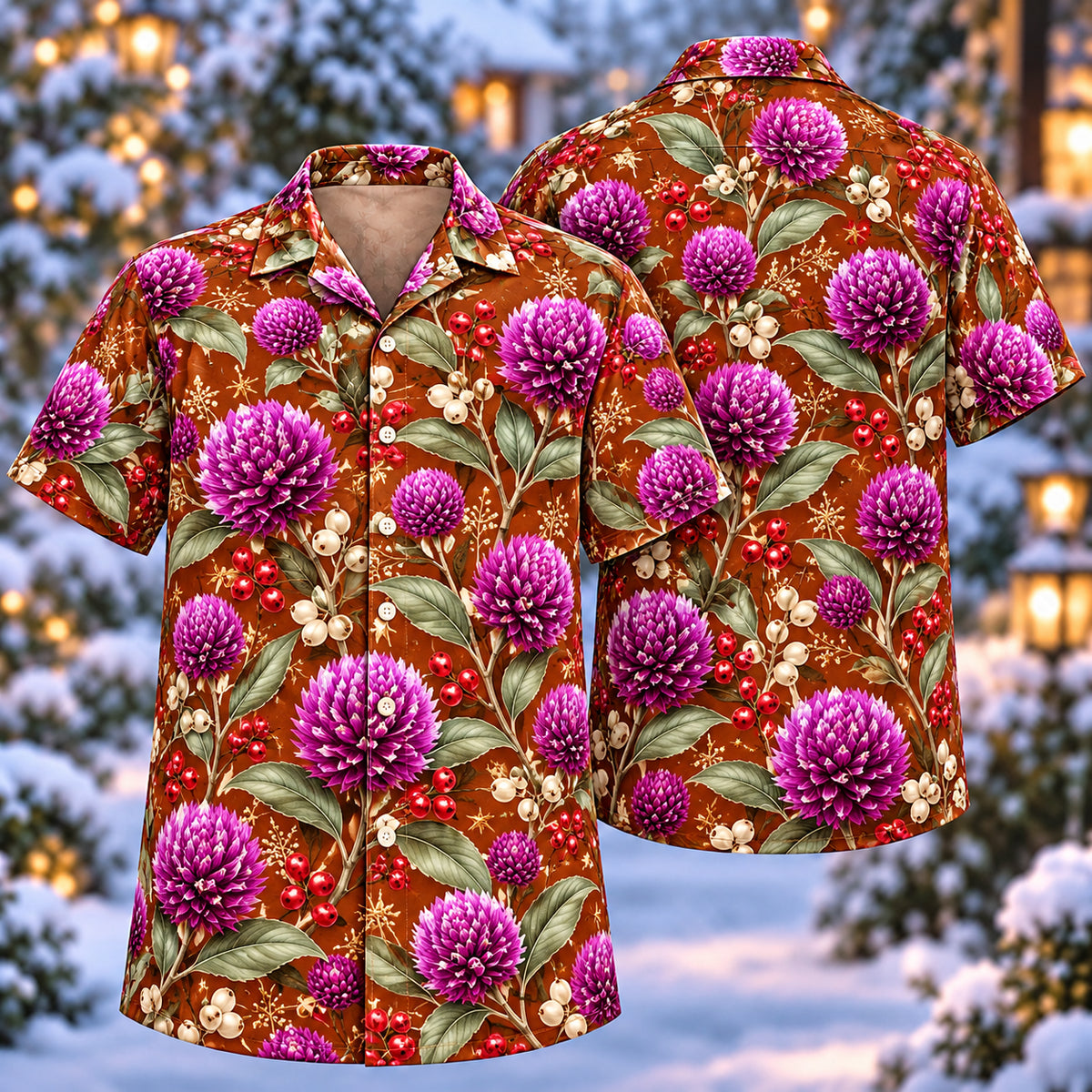 Digital mockup: front and back of one AlohaVero Christmas Violet Globe Amaranth Copper Aloha No Pocket Hawaiian shirt