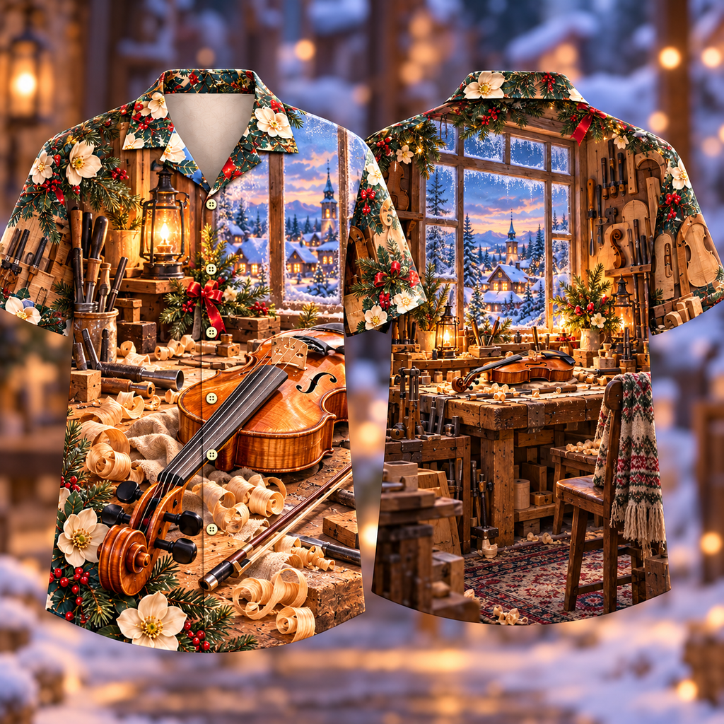 Digital mockup: front and back of one AlohaVero Christmas Violin Maker Frosted Window Atelier No Pocket Hawaiian shirt