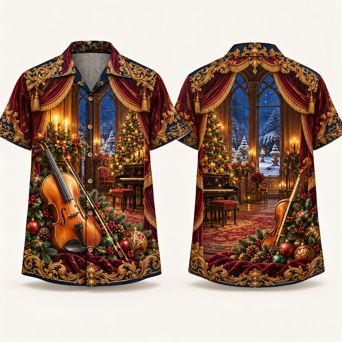 Digital mockup: front and back of one AlohaVero Christmas Violin Velvet Music Salon No Pocket Hawaiian shirt