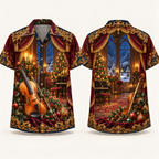 Digital mockup: front and back of one AlohaVero Christmas Violin Velvet Music Salon No Pocket Hawaiian shirt