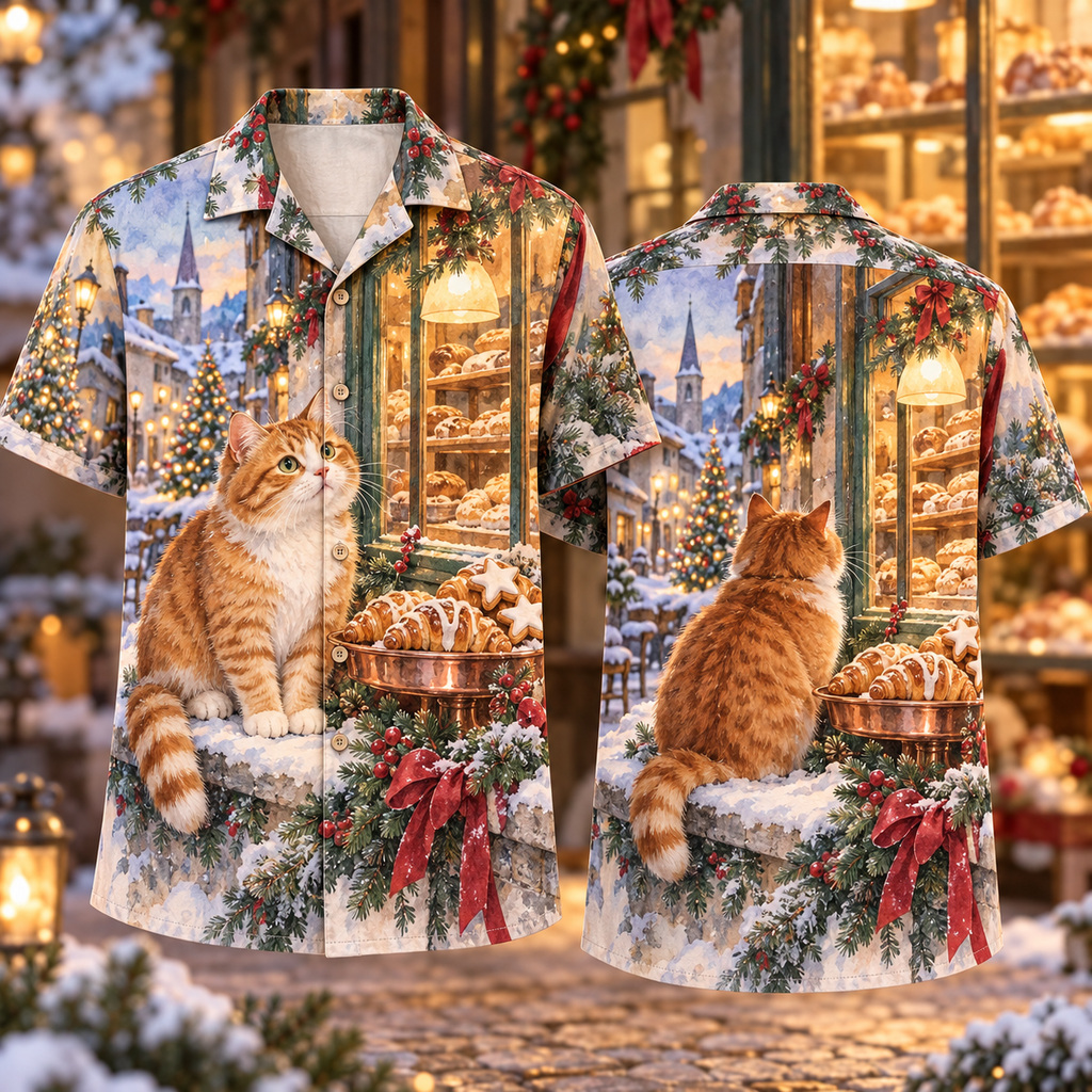 Digital mockup: front and back of one AlohaVero Christmas Watercolor Alpine Bakery Window Ginger Cat Copper Sage No Pocket Hawaiian shirt