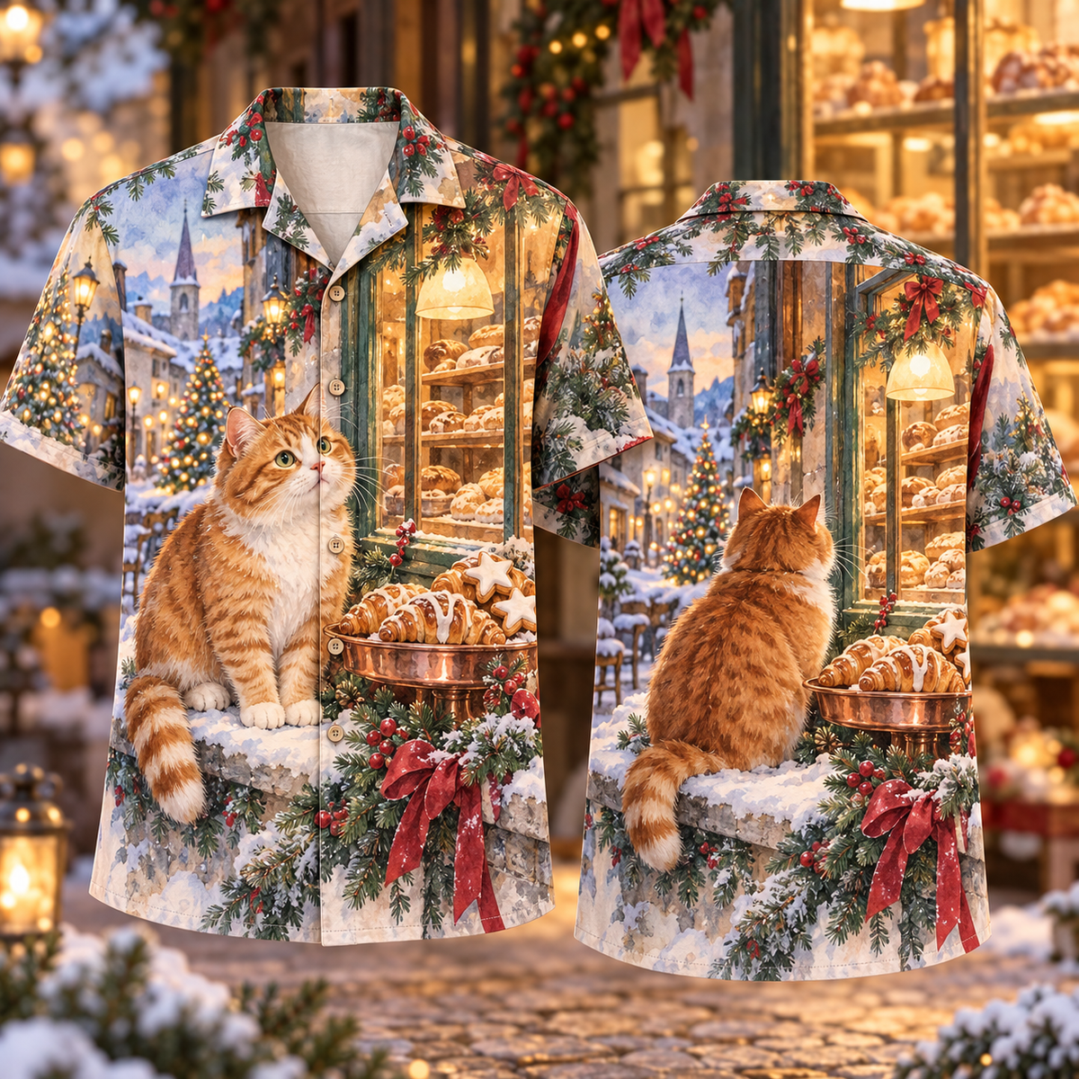 Digital mockup: front and back of one AlohaVero Christmas Watercolor Alpine Bakery Window Ginger Cat Copper Sage No Pocket Hawaiian shirt