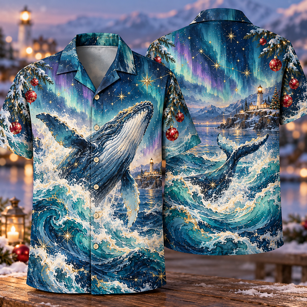 Digital mockup: front and back of one AlohaVero Christmas Watercolor Aurora Whale Ocean Ornament Constellation No Pocket Hawaiian shirt