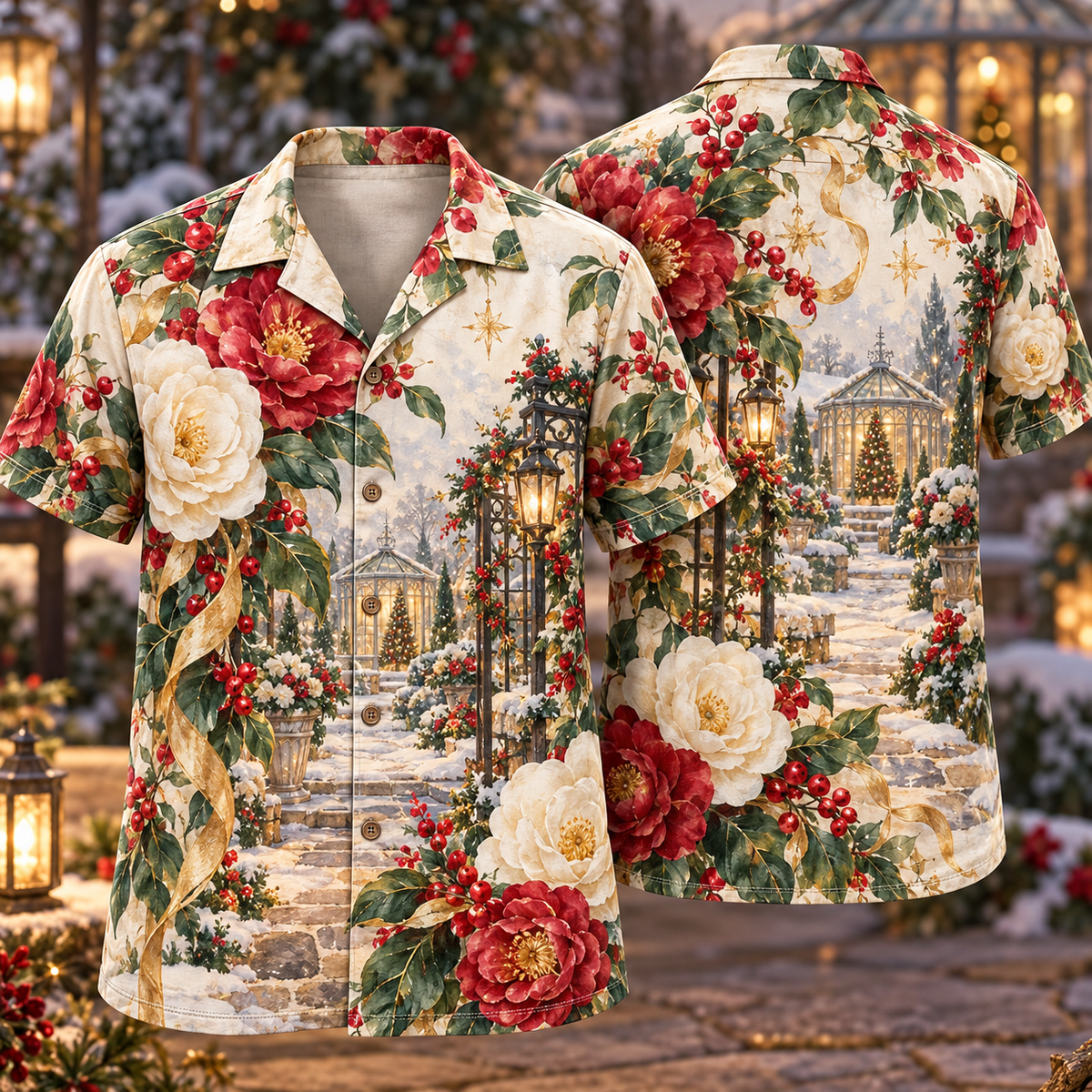 Digital mockup: front and back of one AlohaVero Christmas Watercolor Camellia Lantern Garden Ruby Jade Ivory No Pocket Hawaiian shirt