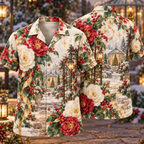 Digital mockup: front and back of one AlohaVero Christmas Watercolor Camellia Lantern Garden Ruby Jade Ivory No Pocket Hawaiian shirt