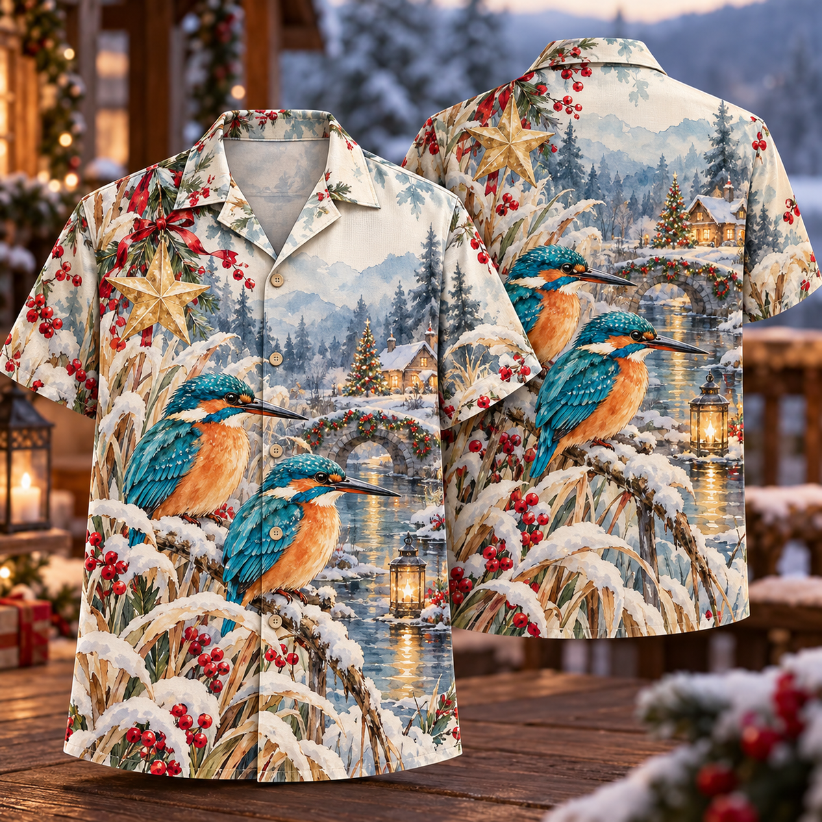 Digital mockup: front and back of one AlohaVero Christmas Watercolor Kingfisher Lantern Stream Turquoise Ochre Ivory No Pocket Hawaiian shirt
