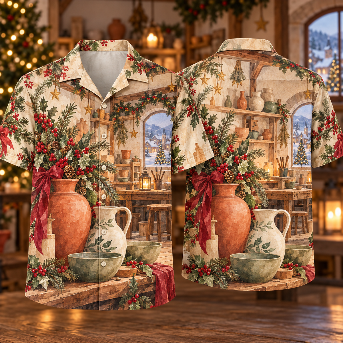 Digital mockup: front and back of one AlohaVero Christmas Watercolor Pottery Workshop Terracotta Sage Cream No Pocket Hawaiian shirt