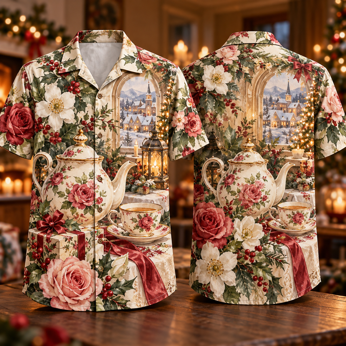 Digital mockup: front and back of one AlohaVero Christmas Watercolor Tea Room Rose Sage Ivory No Pocket Hawaiian shirt