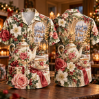 Digital mockup: front and back of one AlohaVero Christmas Watercolor Tea Room Rose Sage Ivory No Pocket Hawaiian shirt