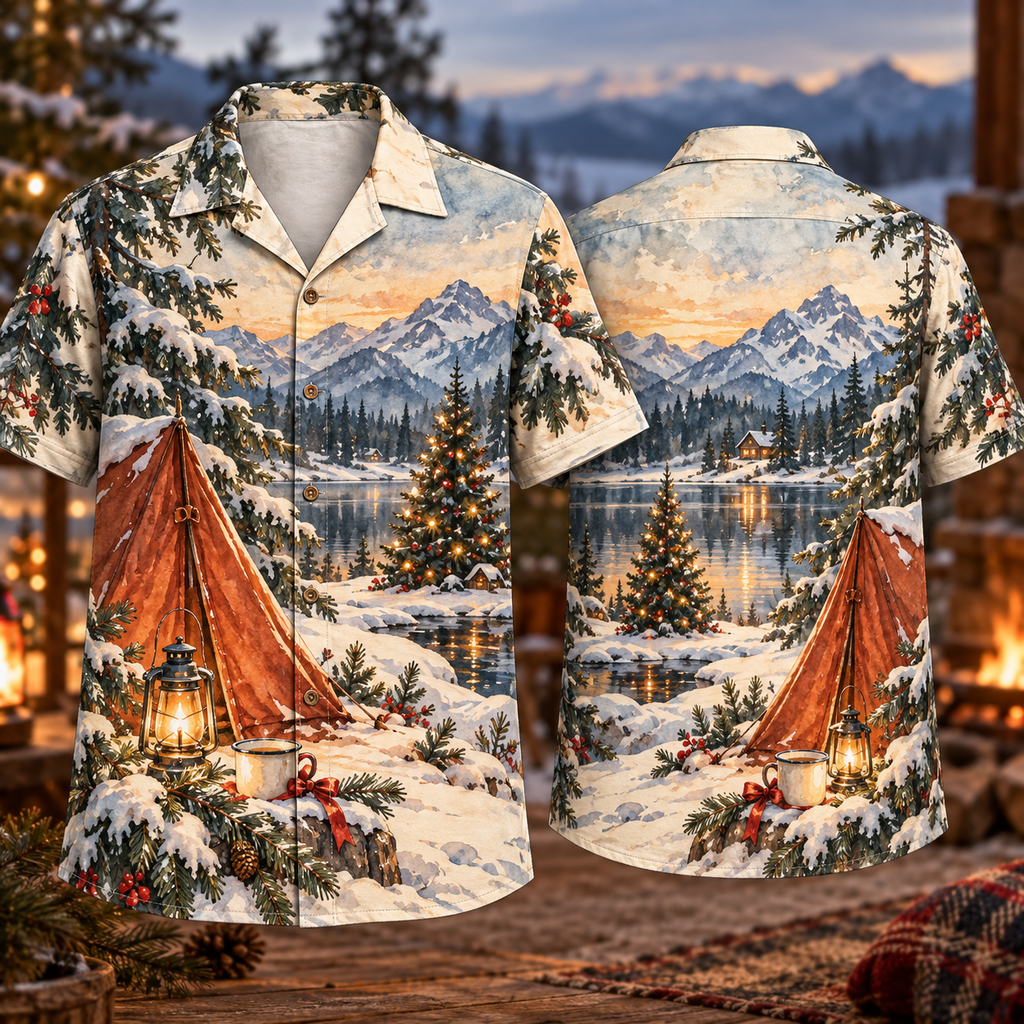 Digital mockup: front and back of one AlohaVero Christmas Watercolor Winter Campsite Rust Pine Cream No Pocket Hawaiian shirt