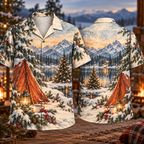 Digital mockup: front and back of one AlohaVero Christmas Watercolor Winter Campsite Rust Pine Cream No Pocket Hawaiian shirt