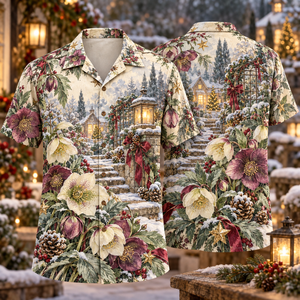 Christmas Watercolor Winter Garden Hellebore Sage Plum Ivory Hawaiian Shirt