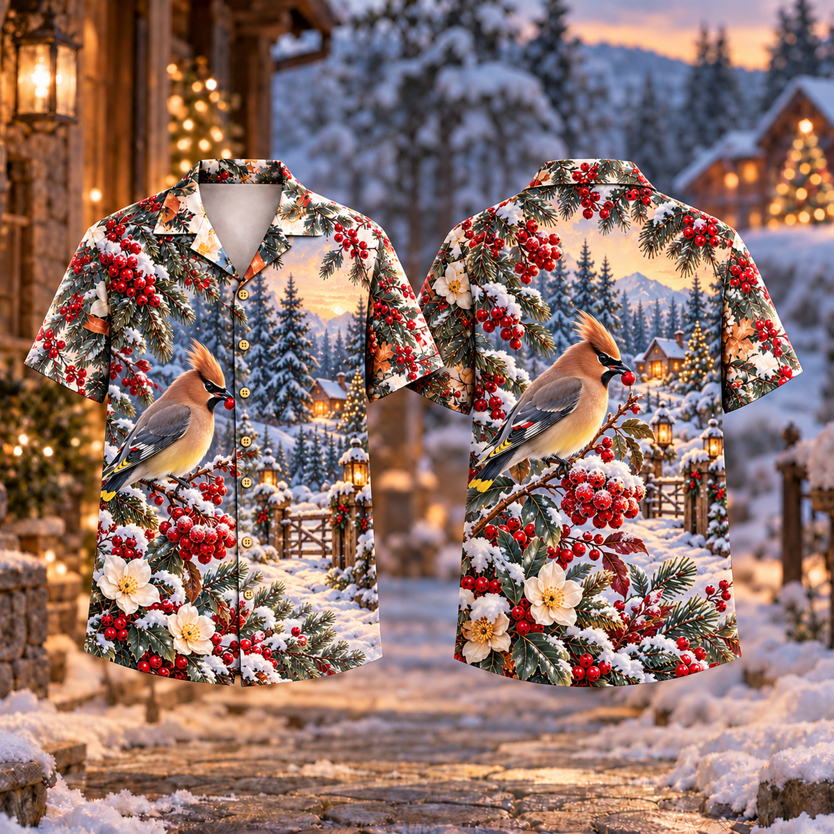 Digital mockup: front and back of one AlohaVero Christmas Waxwing Berry Choice Cinnamon Slate No Pocket Hawaiian shirt
