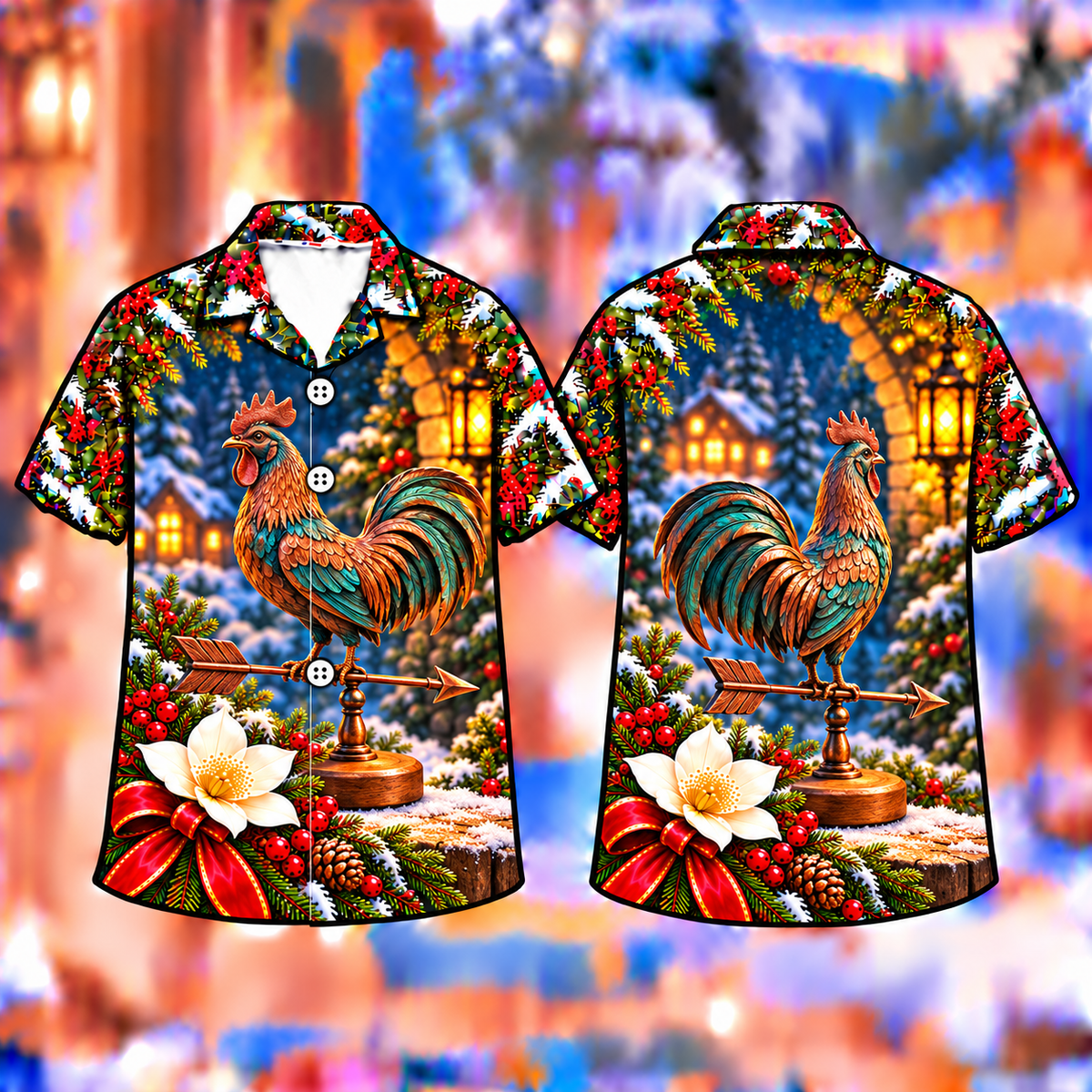 Digital mockup: front and back of one AlohaVero Christmas Weather Vane Garden Keepsake Print No Pocket Hawaiian shirt