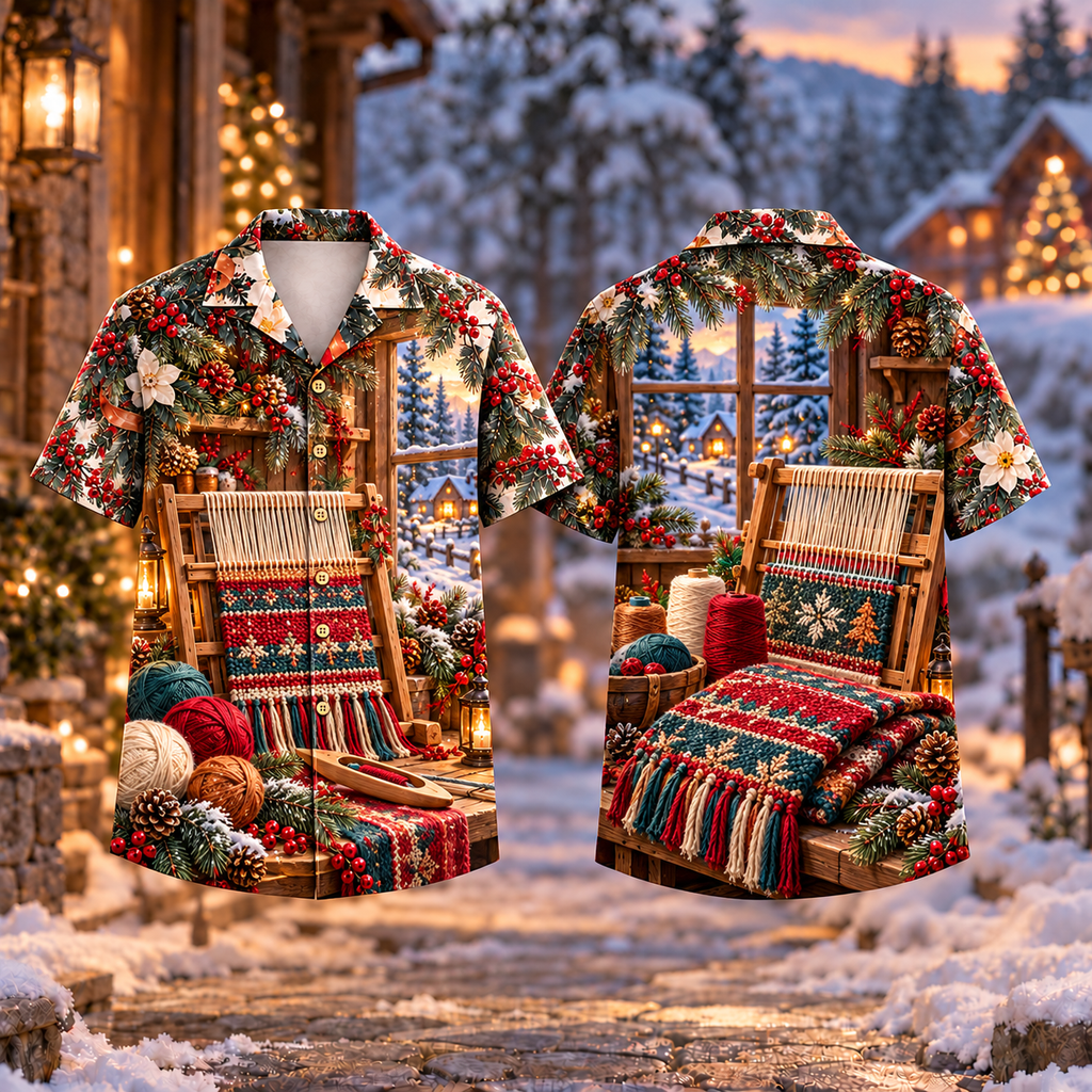Digital mockup: front and back of one AlohaVero Christmas Weaver Winter Threads Print No Pocket Hawaiian shirt