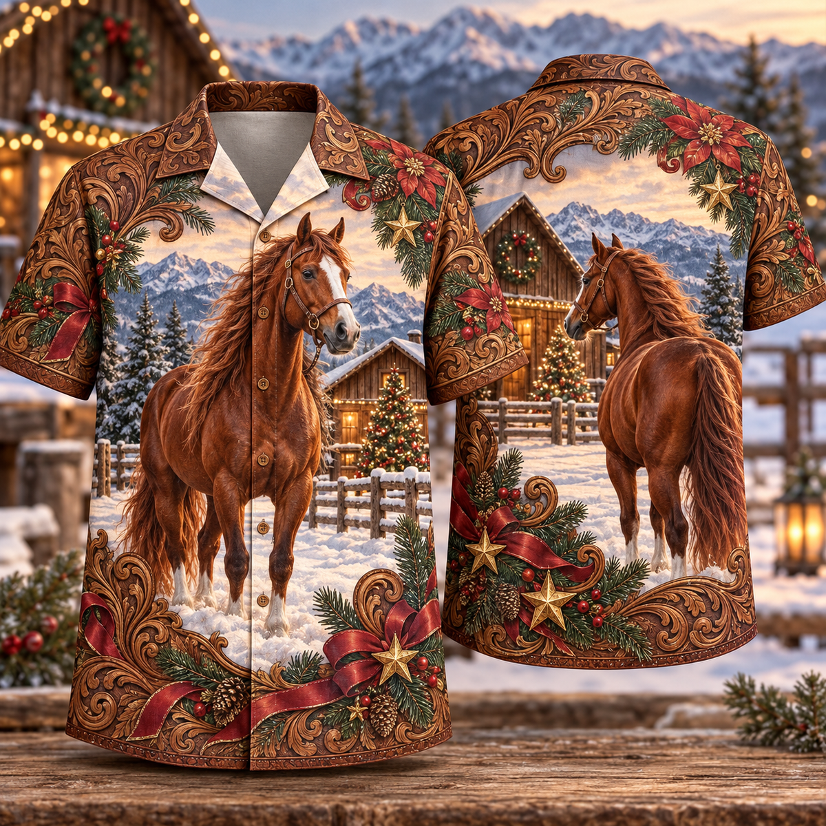 Digital mockup: front and back of one AlohaVero Christmas Western Horse Tooled Leather Illusion Snow Ranch Cognac Ruby No Pocket Hawaiian shirt