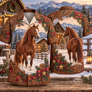 Christmas Western Horse Tooled Leather Illusion Snow Ranch Cognac Ruby Hawaiian Shirt