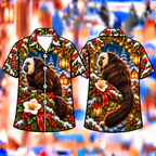 Digital mockup: front and back of one AlohaVero Christmas White-Faced Saki Lantern Bough Print No Pocket Hawaiian shirt