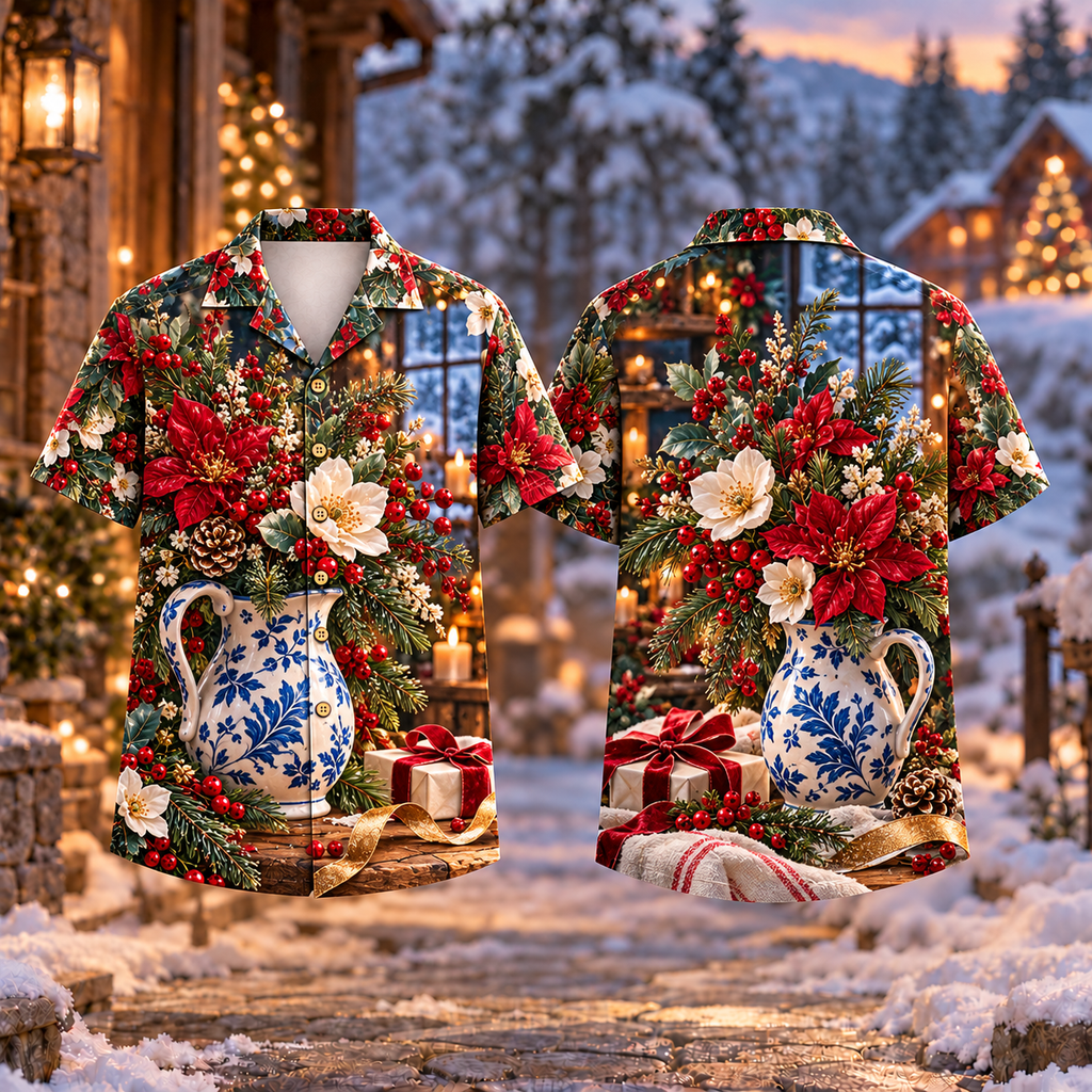 Digital mockup: front and back of one AlohaVero Christmas Winter Bouquet Blue Pitcher Print No Pocket Hawaiian shirt
