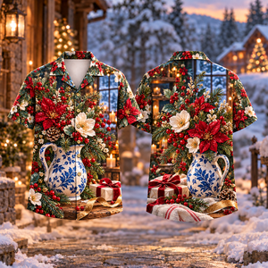 Christmas Winter Bouquet Blue Pitcher Print Hawaiian Shirt
