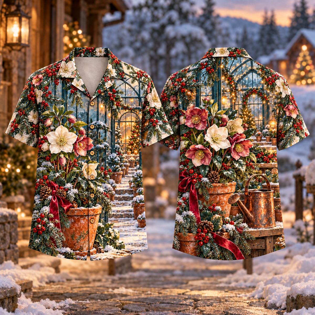 Digital mockup: front and back of one AlohaVero Christmas Winter Greenhouse Hellebore Terracotta Teal No Pocket Hawaiian shirt