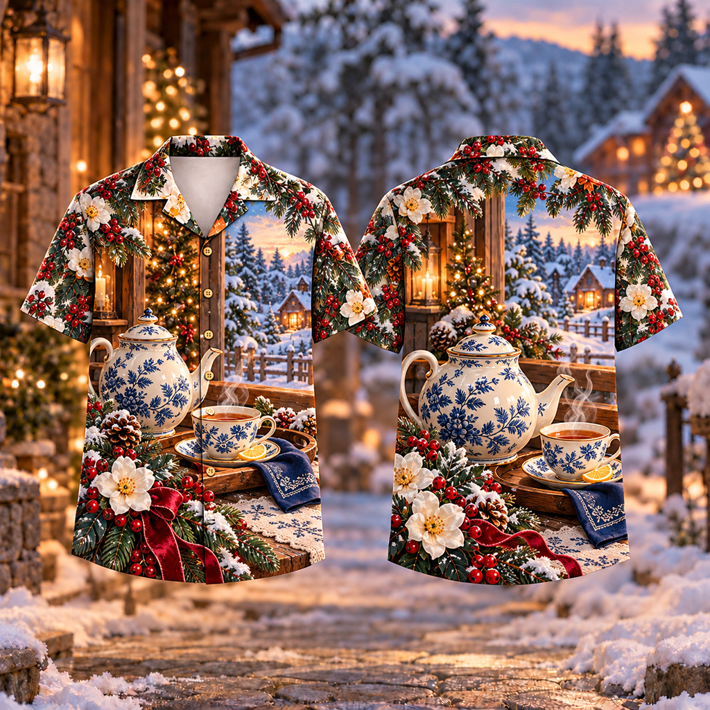 Digital mockup: front and back of one AlohaVero Christmas Winter Tea Ritual Cobalt Ivory Print No Pocket Hawaiian shirt